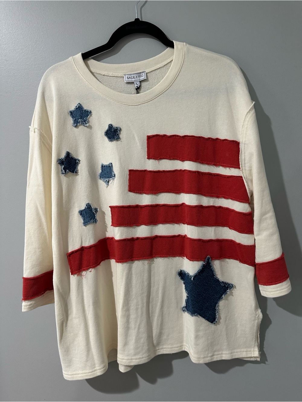 100% Cotton Sage & Fig Cream Sweatshirt with Red Stripes and Blue Star Appliqués